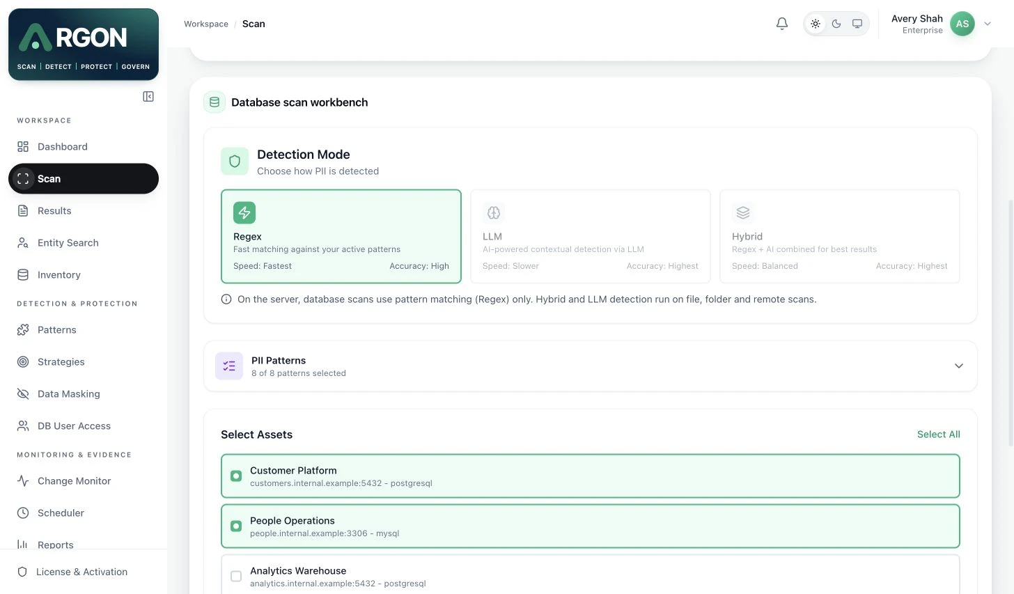 Argon database scanning workspace with sample Customer Platform and People Operations sources