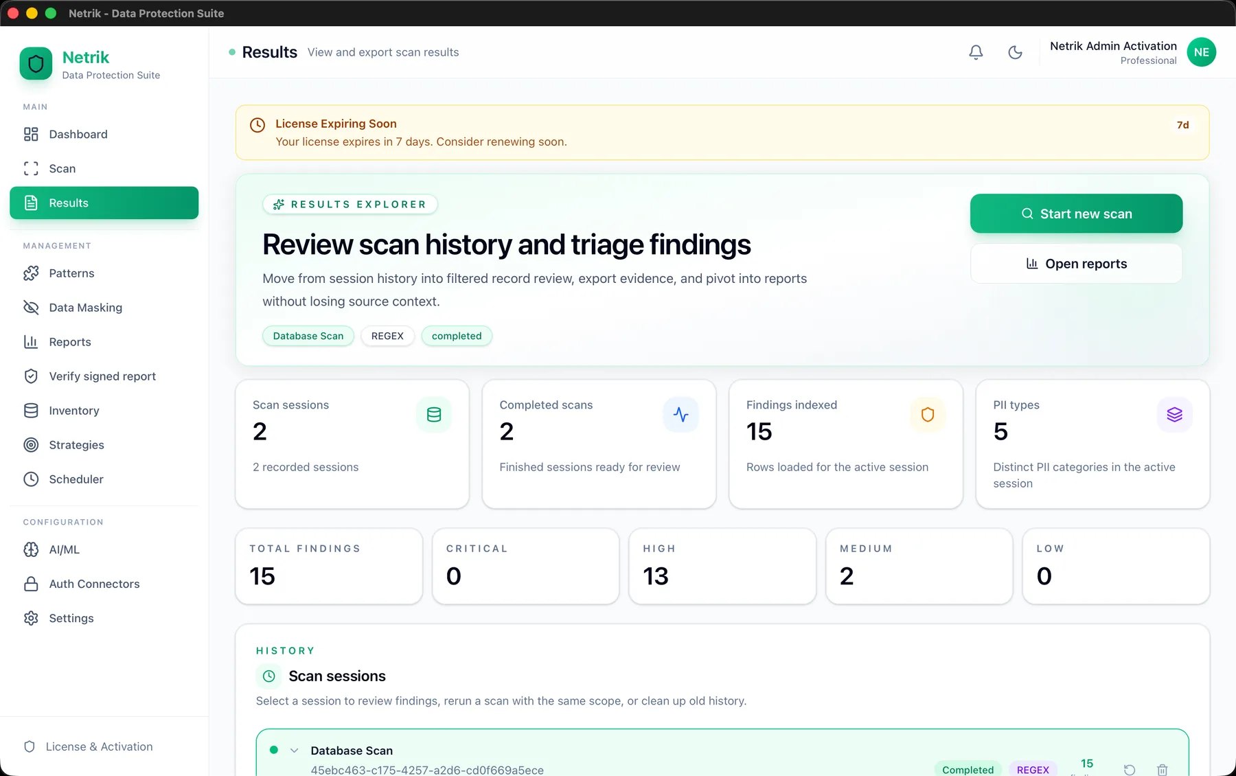 Netrik scan results explorer showing findings by database and severity